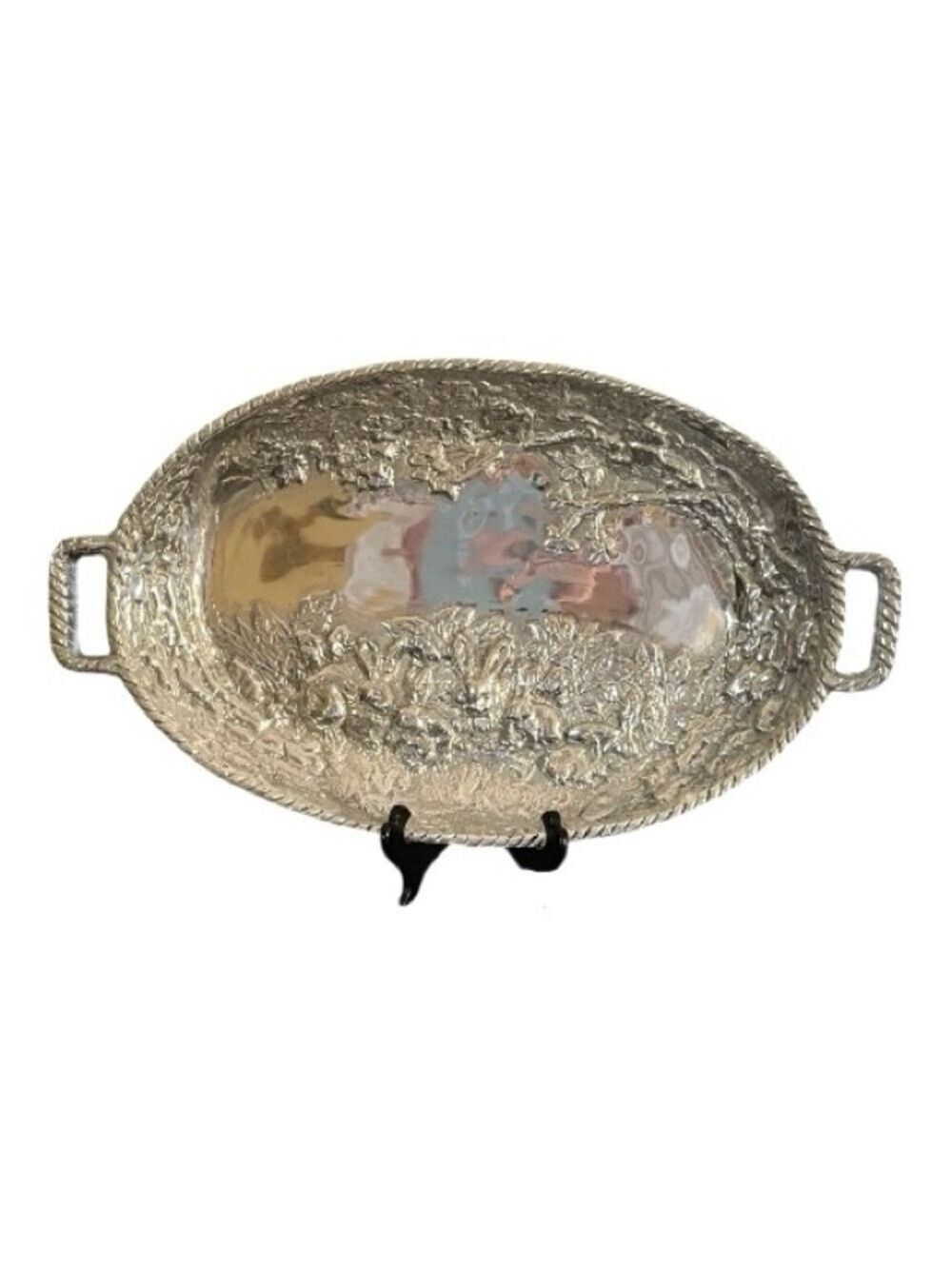 Sheridan Vintage Pewter Oval Serving Tray with Handles, Raised Rabbits Design.